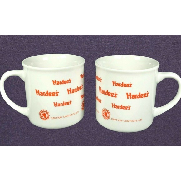 Set of 2 Hardees Caution! Contents Hot Coffee Cup Mug White Orange - Picture 1 of 12